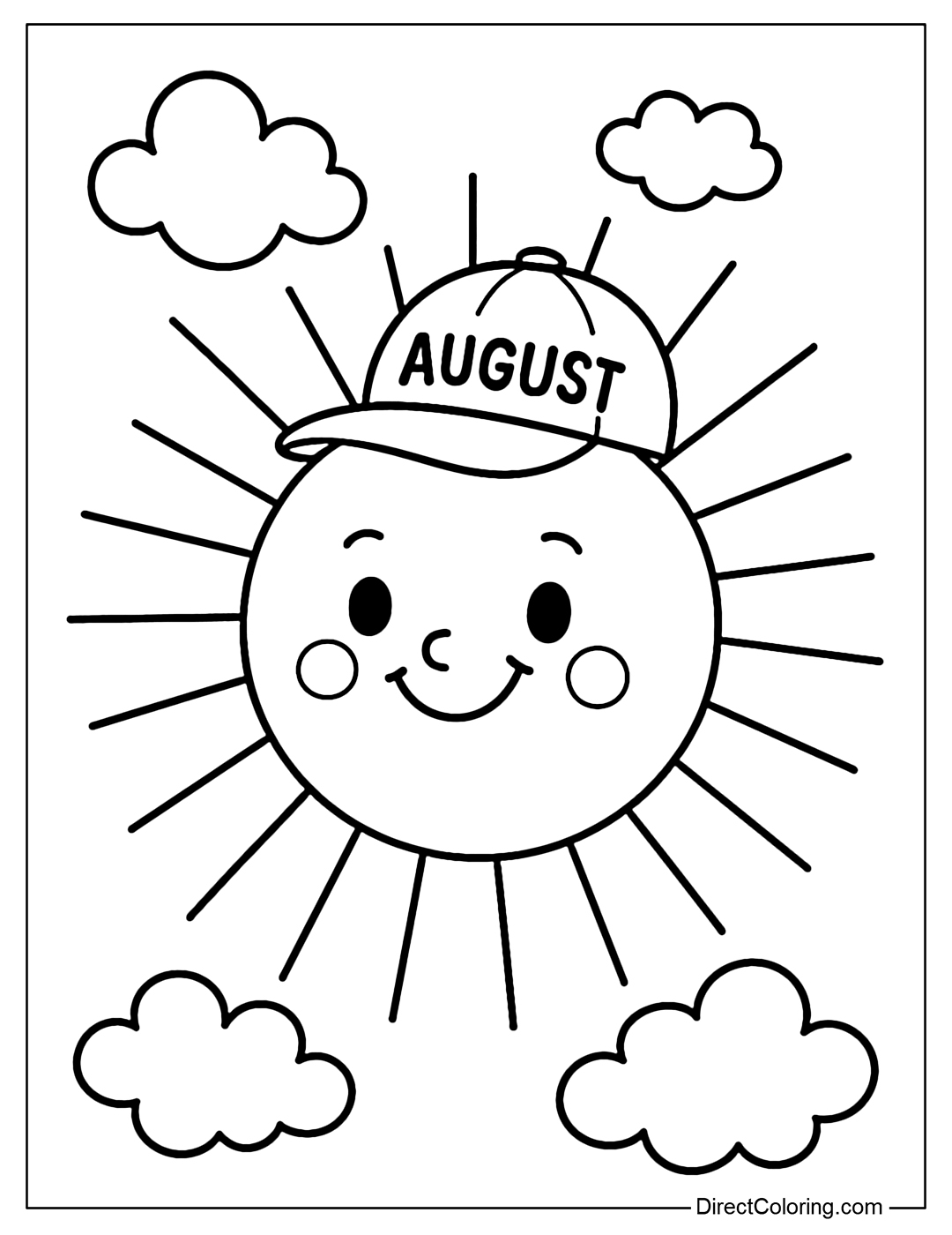 A coloring page of a smiling sun, wearing a small hat with the word 